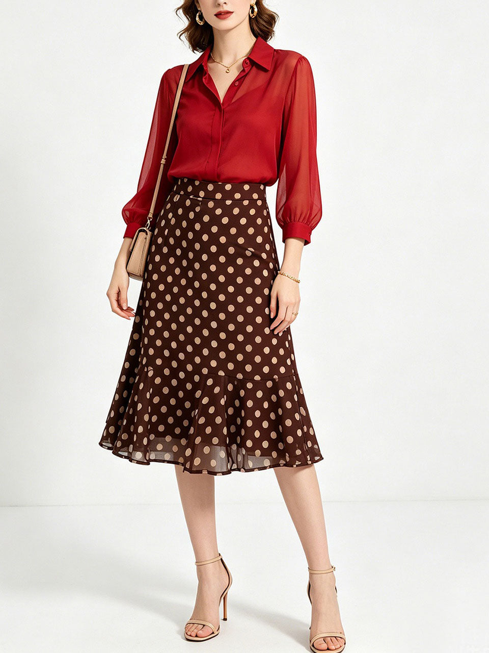1950s Vintage Red Chiffon Shirt & Polka Dot Mermaid Midi Skirt Set