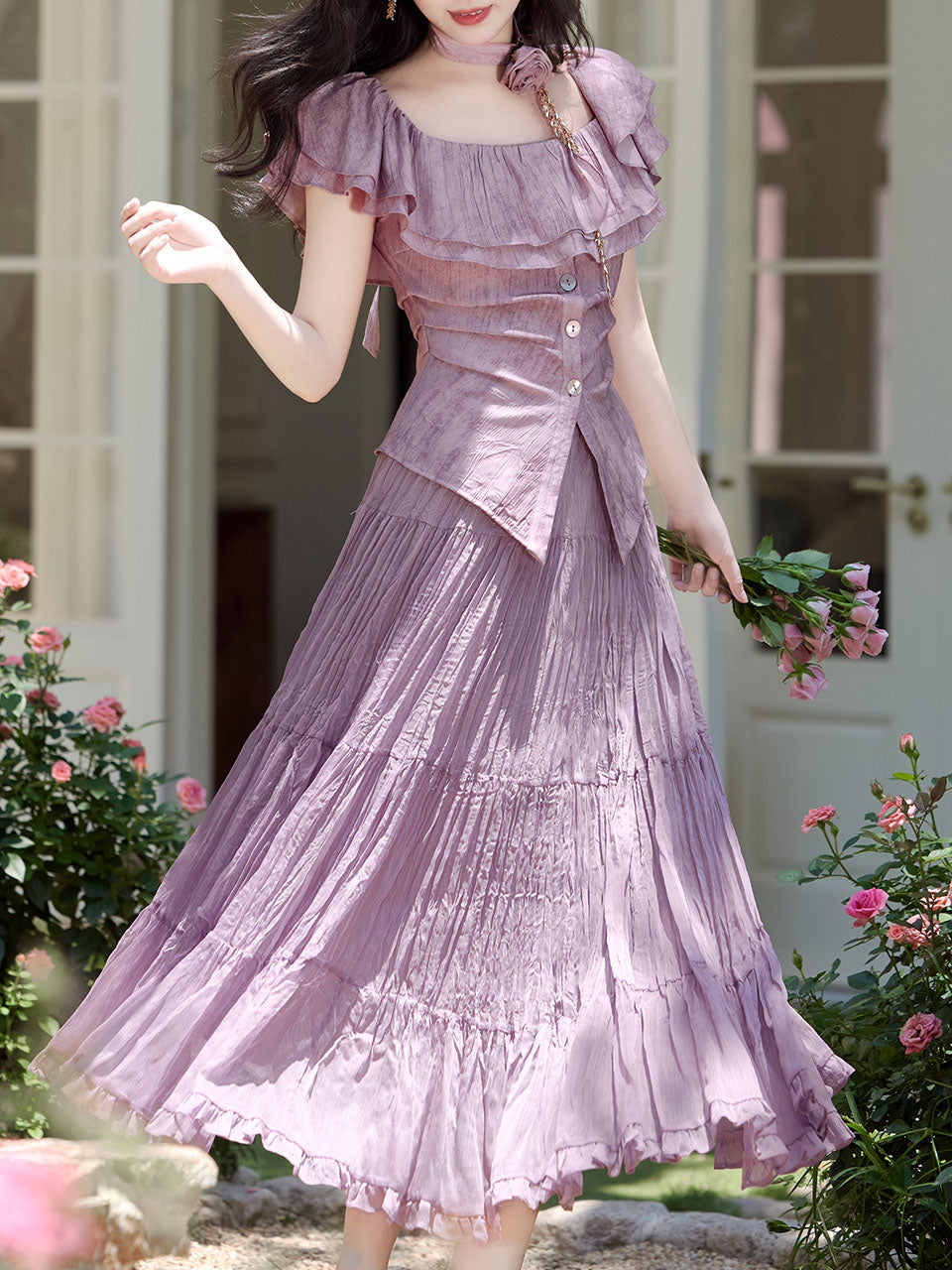 Lilac Off-The-Shoulder Ruffle Maxi Dress Set