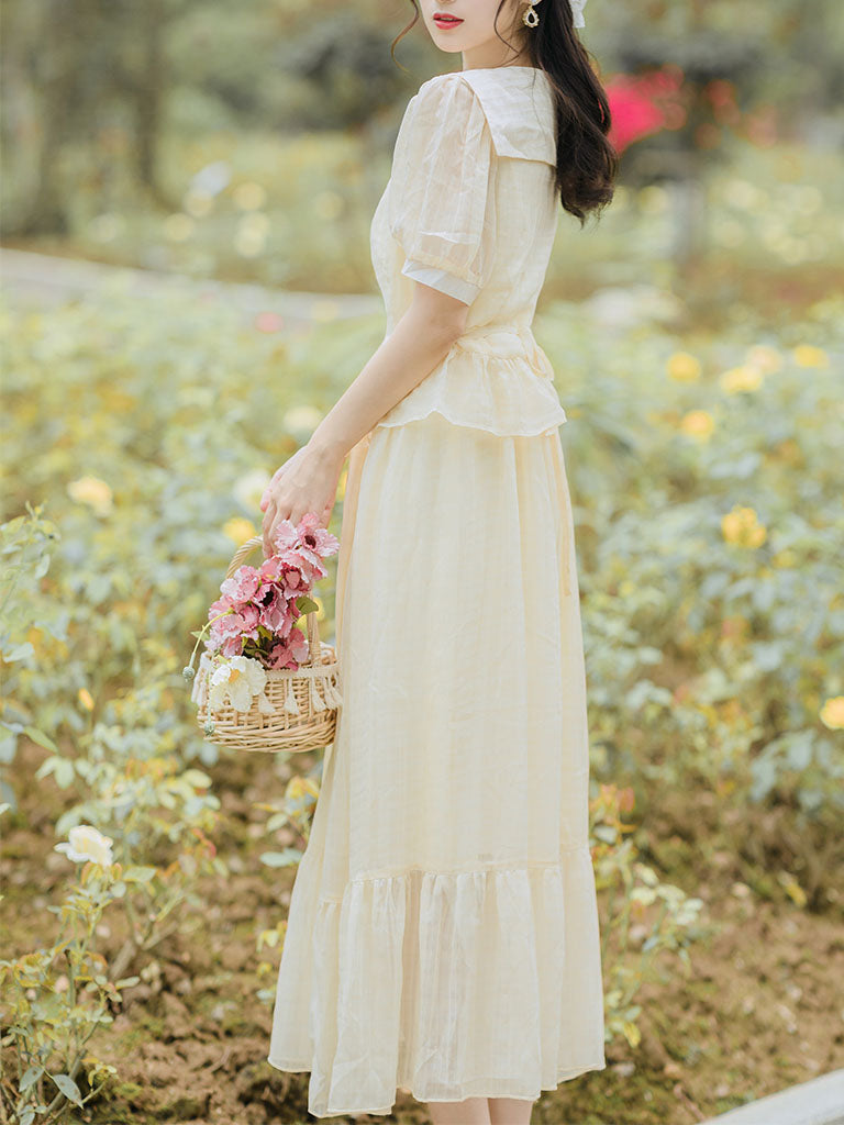 2PS Pastel Yellow  Sailor Collar Wasp Waist Blouse And Swing Skirt Suits