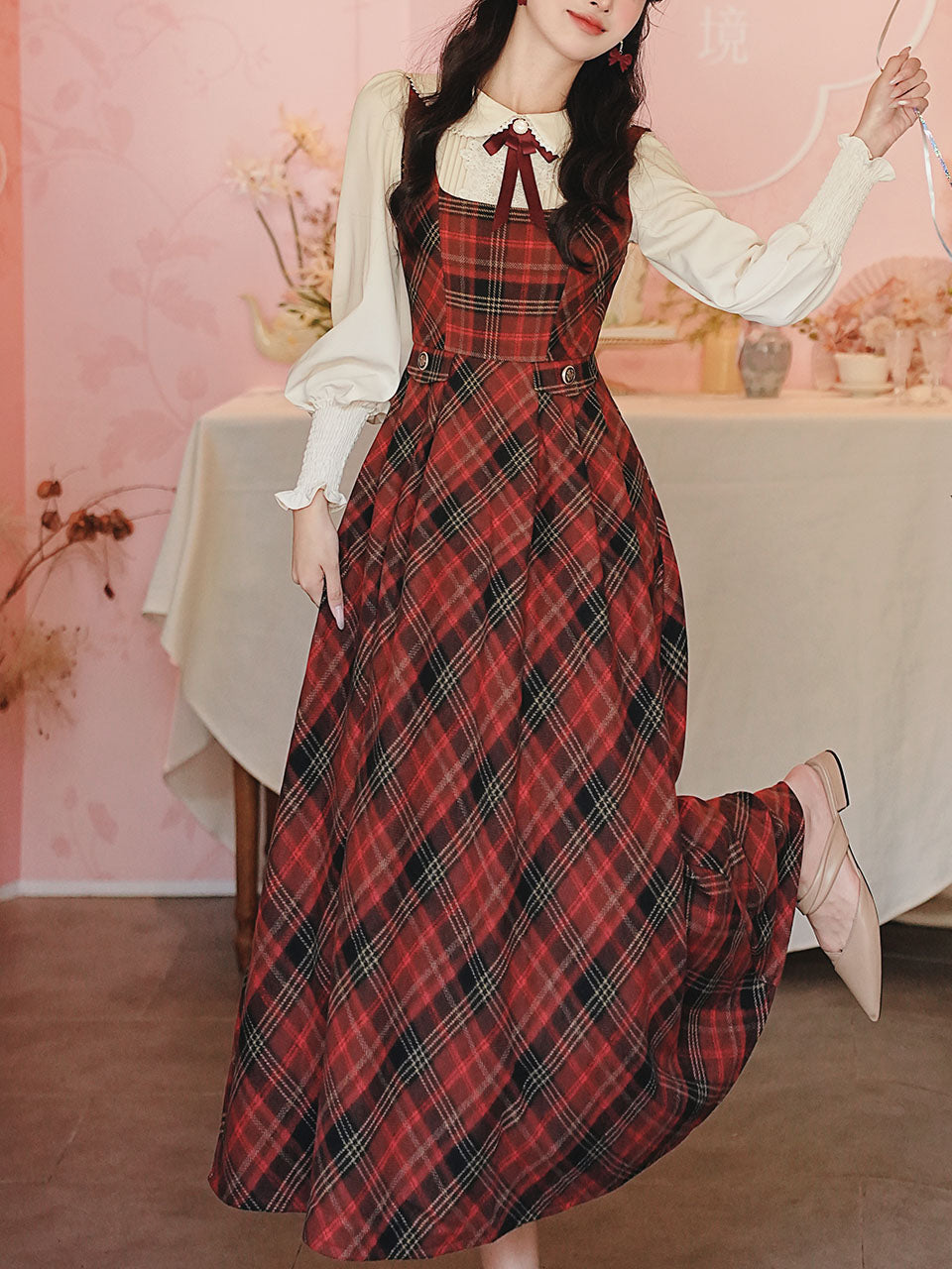 Red Tartan Wool Blend Jumper Dress