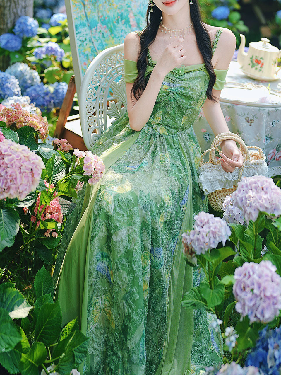Forest Green Butterfly Print Lace Off-Shoulder Sweetheart Maxi Dress