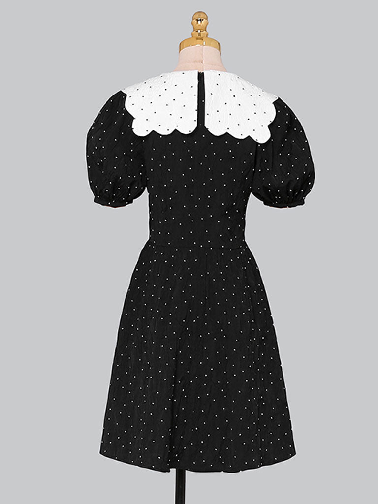 Polka Dot Doll Collar Puff Sleeves Mini Black Dress Vintage Style
