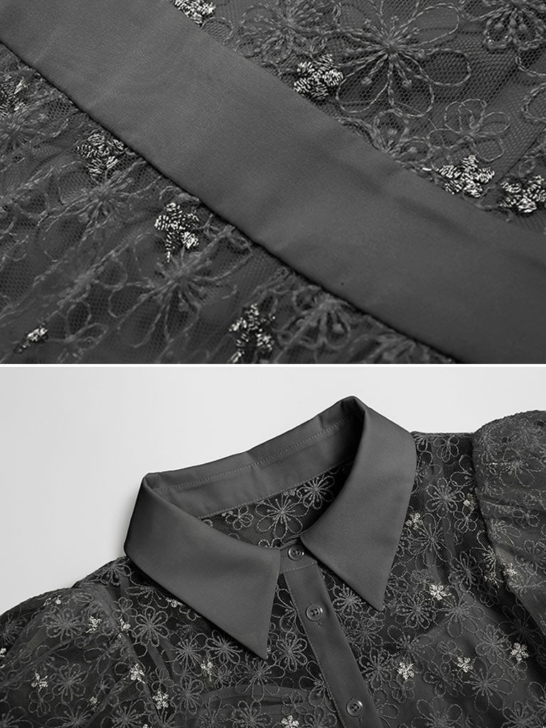 Black Bellflower Embroidered Design Long Lace Pleated Dress