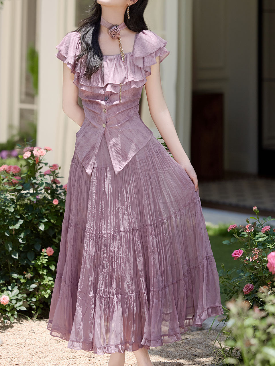 Lilac Off-The-Shoulder Ruffle Maxi Dress Set