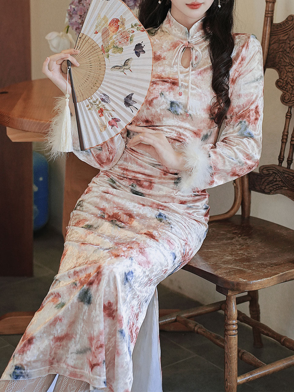 Pink Print Velvet Cuffs Fur Lined Plush Cheongsam Dress