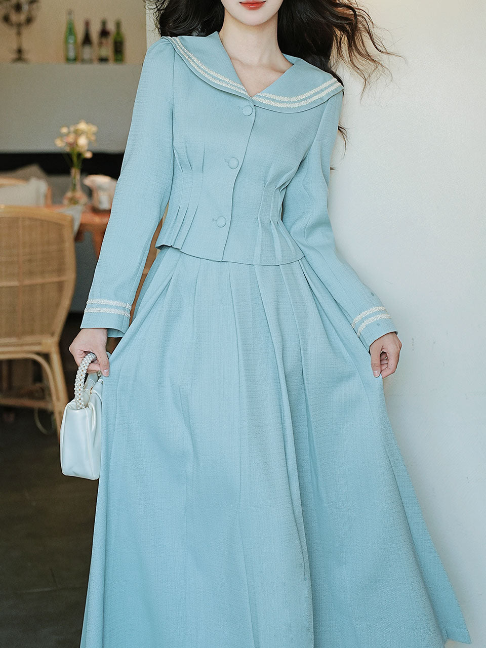 2PS Lake Blue Sailor Collar Tweed Coat