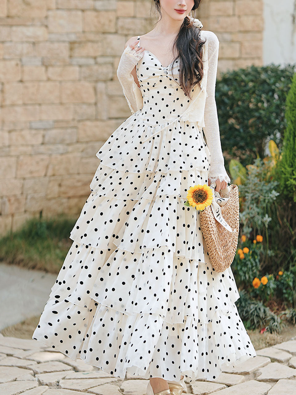 Vintage White Polka Dots Spaghetti Strap Maxi Dress