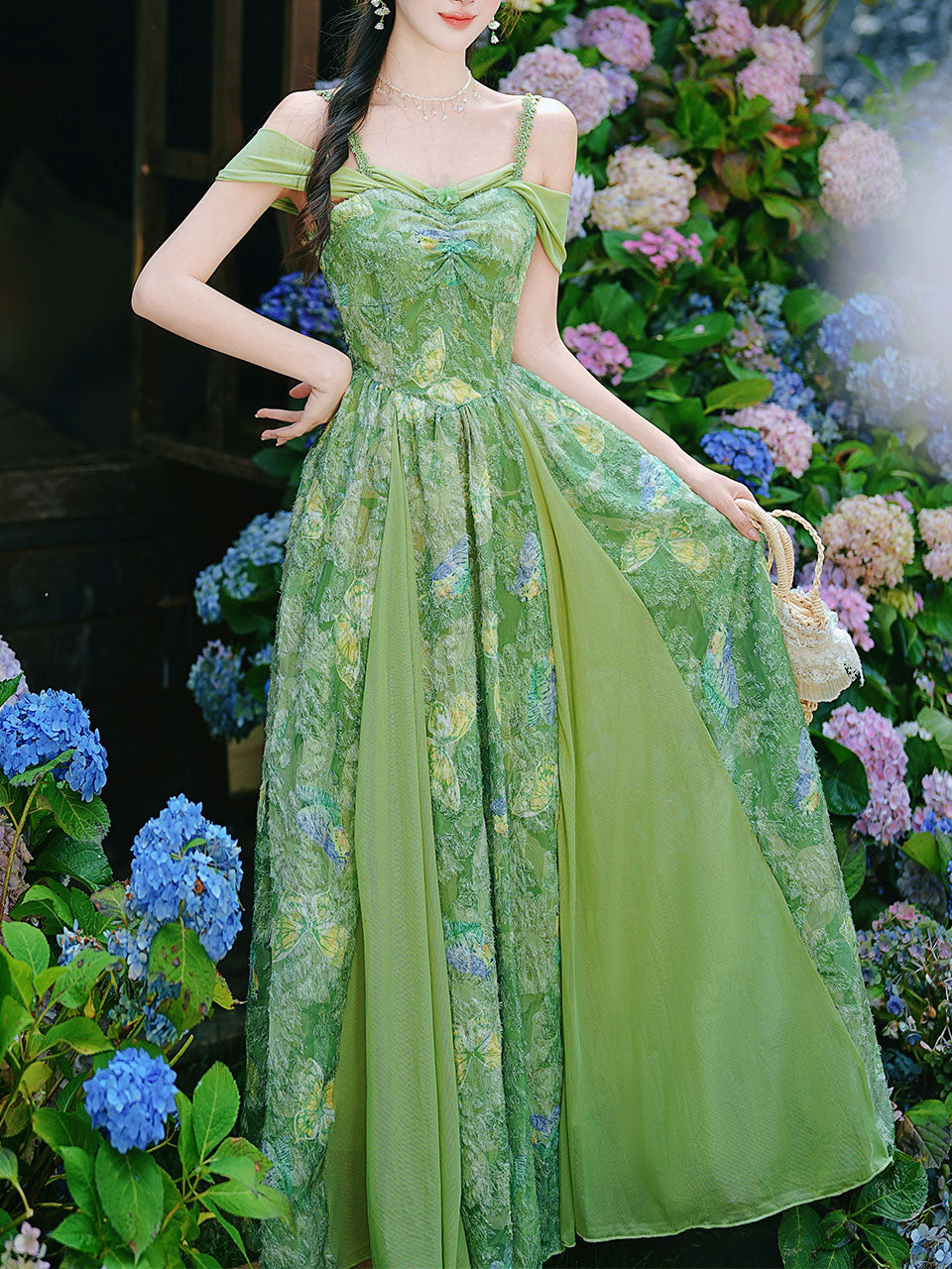 Forest Green Butterfly Print Lace Off-Shoulder Sweetheart Maxi Dress