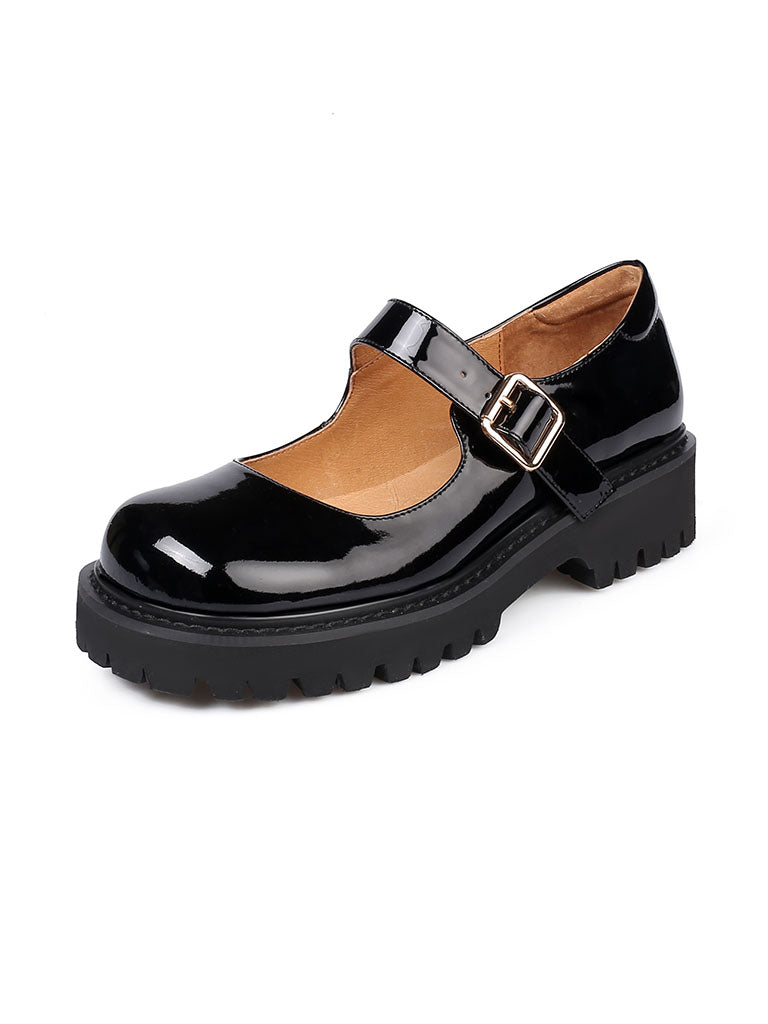 Black Platform Shoes Square Toe Leather Vintage Shoes