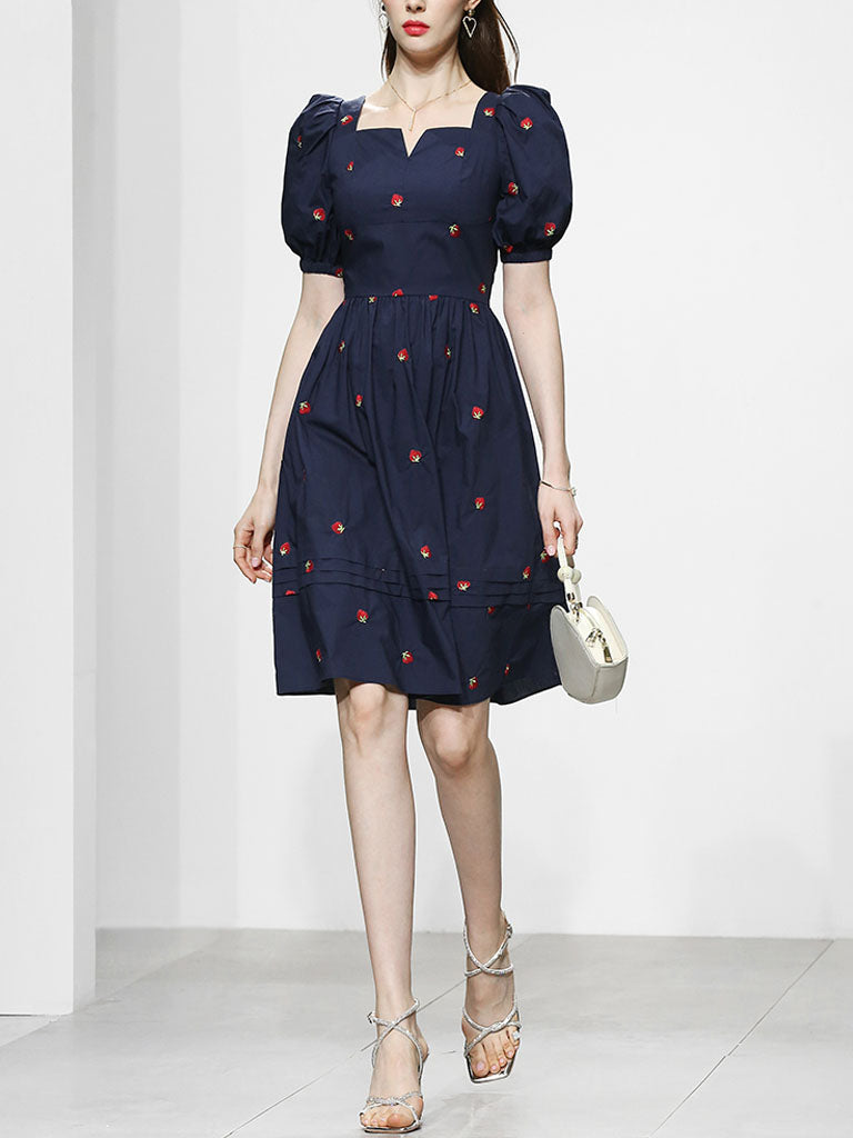 Navy Embroidered Vintage Square Neck Puff Sleeve Mini Dress