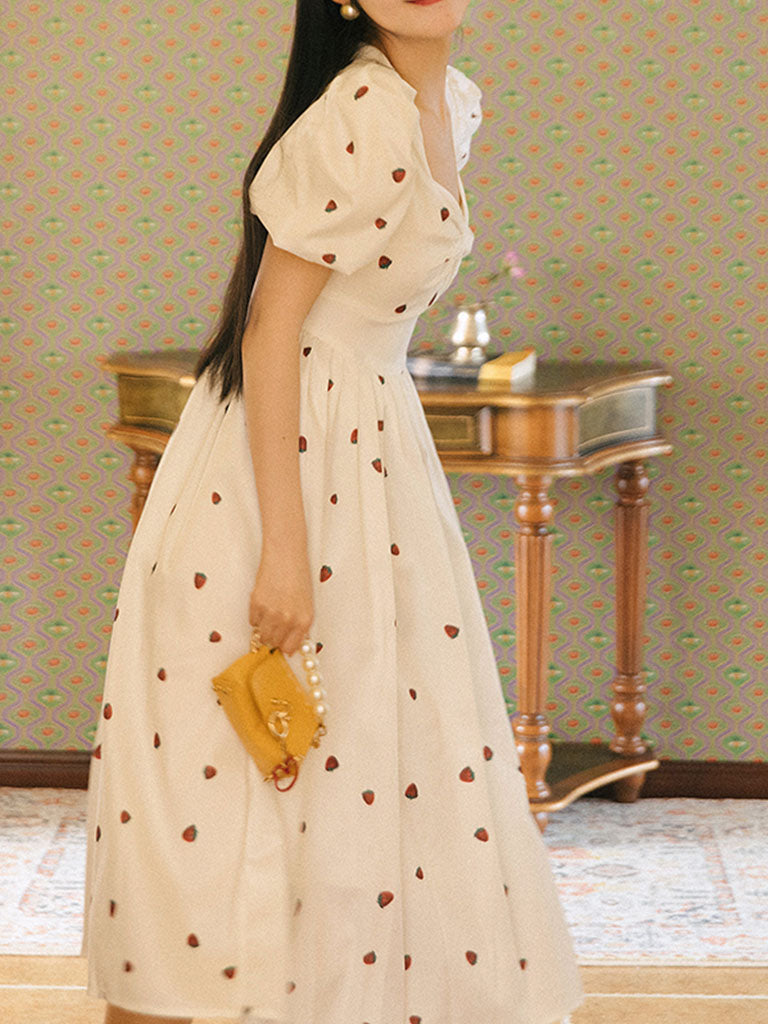 White Strawberry Bow Sweet Heart Collar Puff Sleeve Swing Fairy Dress