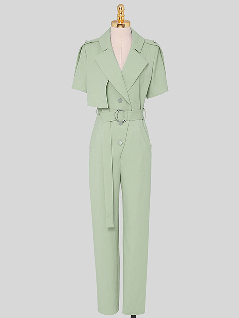 Lapel Collar Short Sleeve Asymmetric Design Belted Waist Jumpsuit