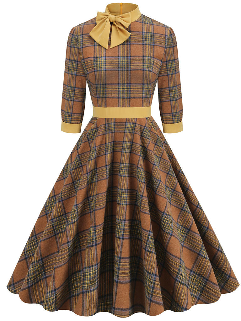 Big BowKnot Plaid 3/4 Sleeve 1950S Vintage Dress
