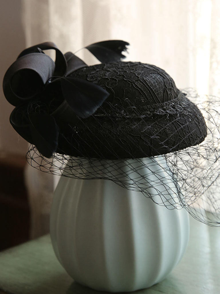 Big Bow Long Tulle Vintage Lace 1950S Hat