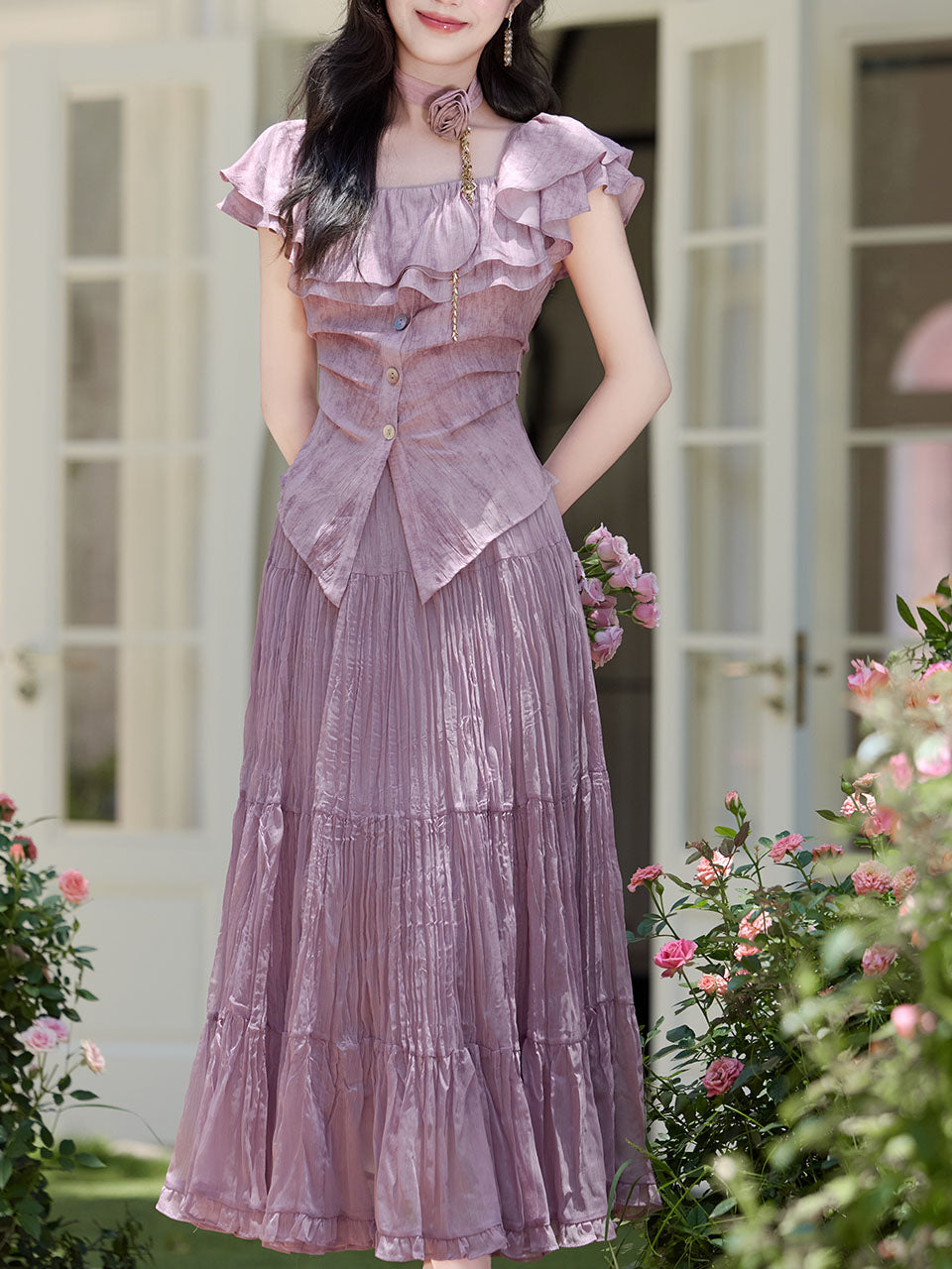 Lilac Off-The-Shoulder Ruffle Maxi Dress Set