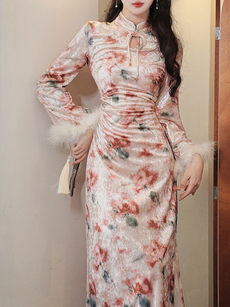 Pink Print Velvet Cuffs Fur Lined Plush Cheongsam Dress