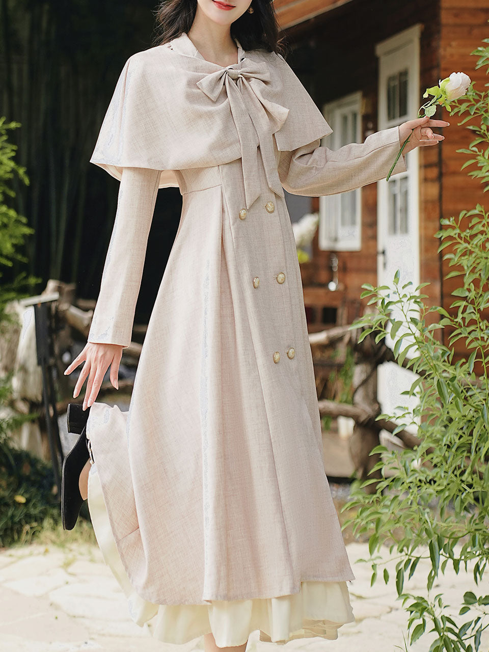 Grey Classic Vintage Lapel Double Layered Hem Swing Dress