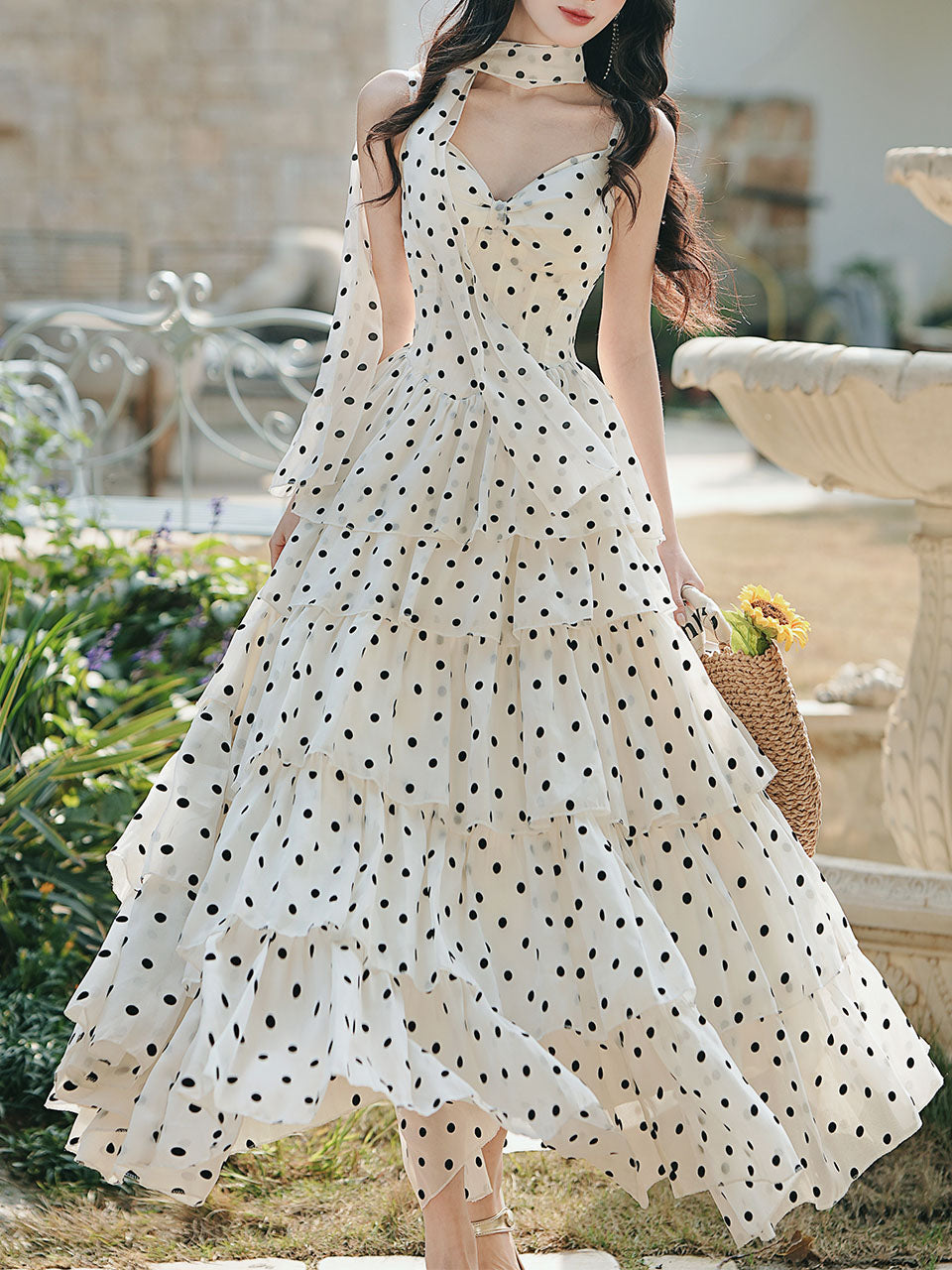 Vintage White Polka Dots Spaghetti Strap Maxi Dress
