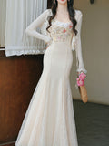 Vintage White Lace Spaghetti Strap Maxi Fish Tail Dress