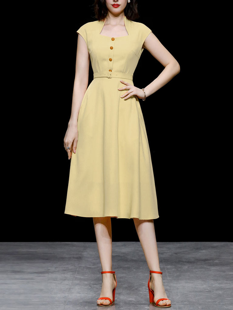 Retro Square Collar Hepburn Style Waist-length High-waisted Vintage 1950S Dress