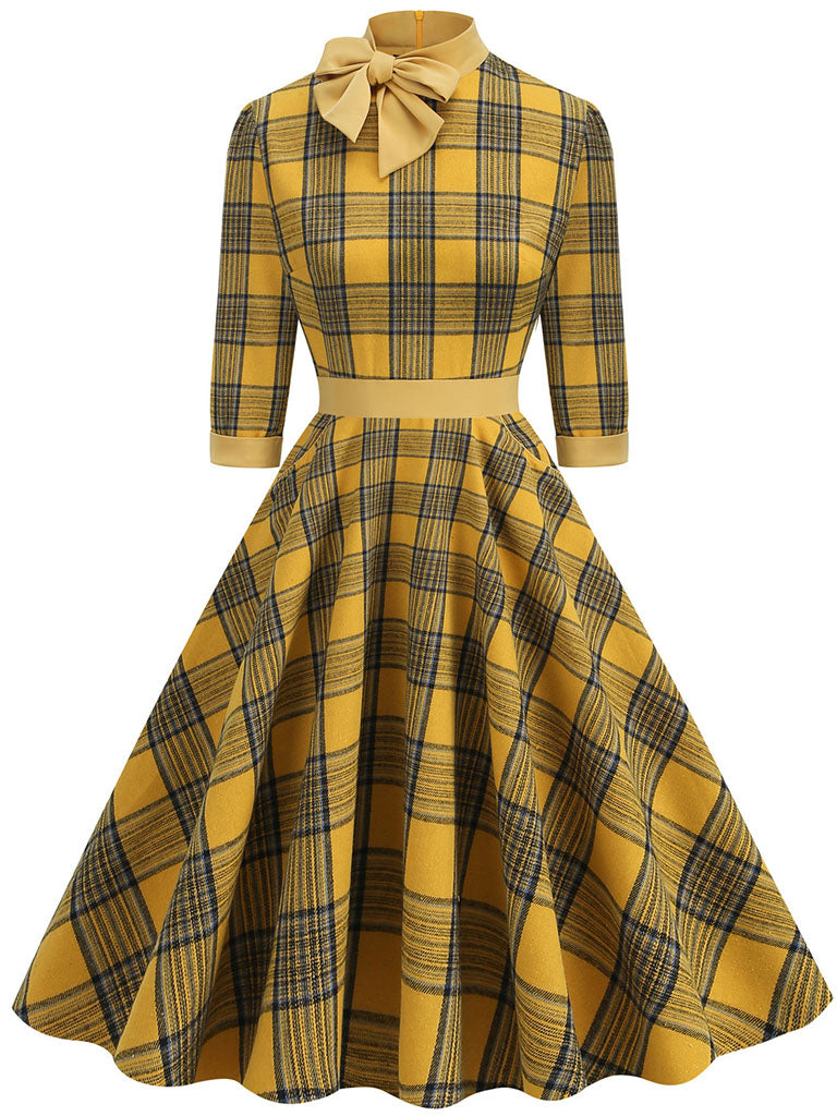 Big BowKnot Plaid 3/4 Sleeve 1950S Vintage Dress