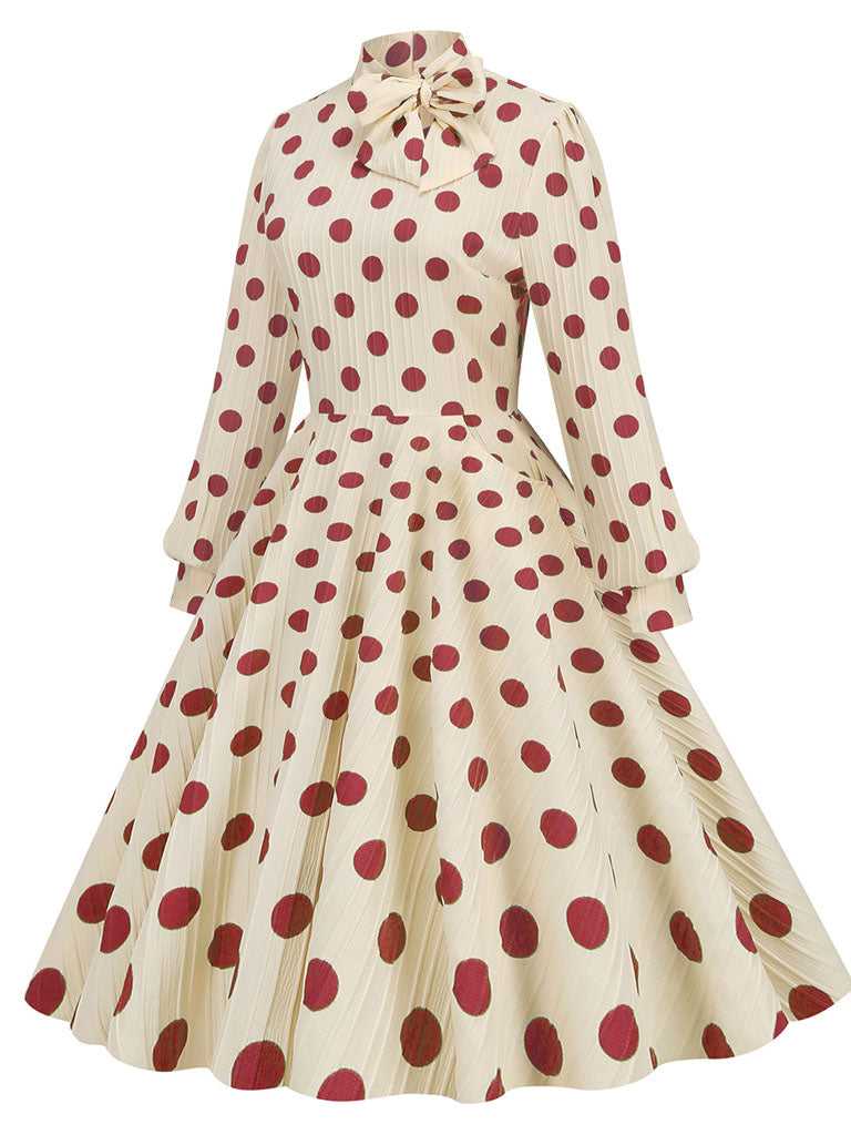 Big BowKnot Polka Dots Puff Long Sleeve Audrey Hepburn Style 1950S Vintage Dress
