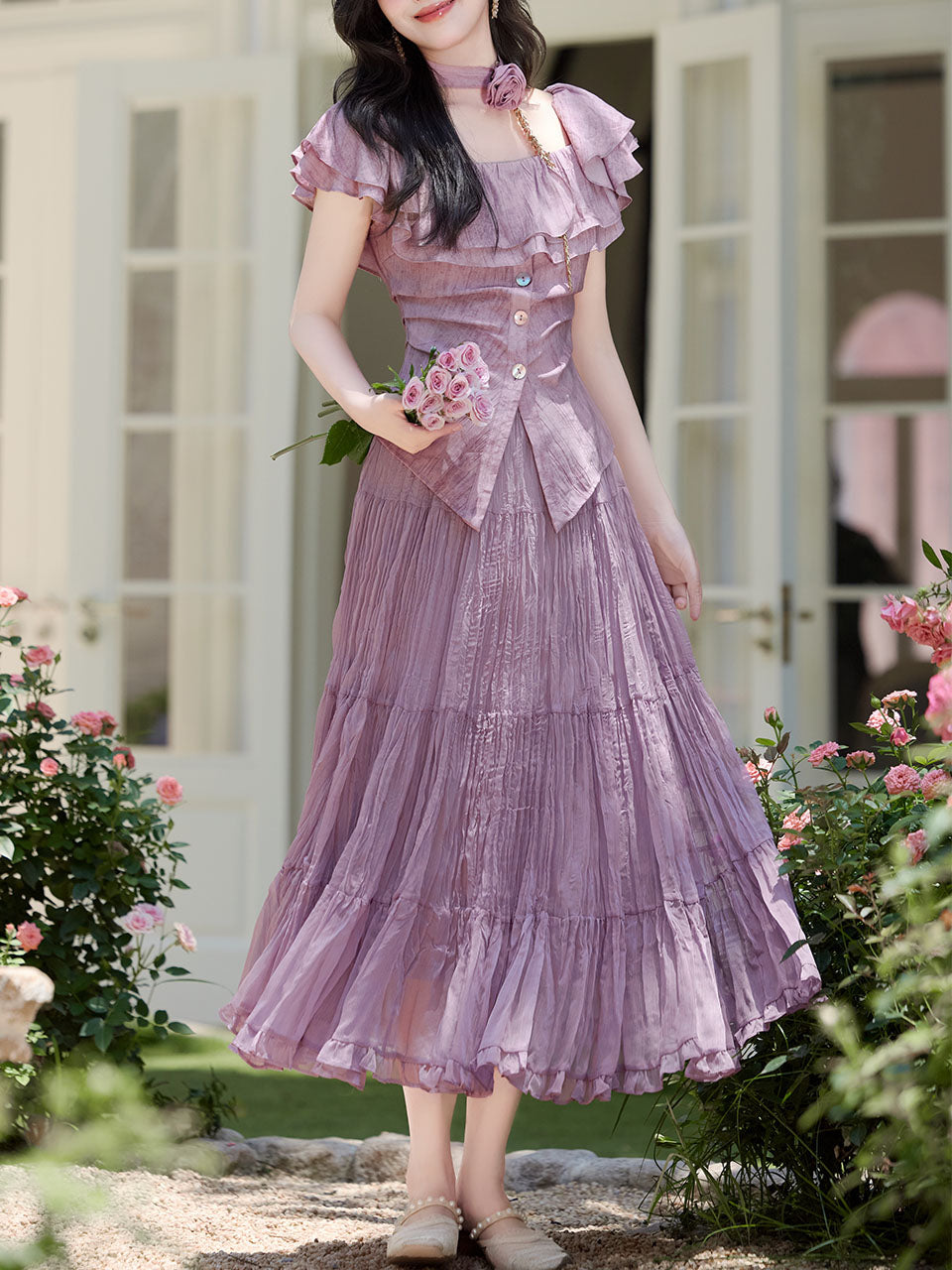 Lilac Off-The-Shoulder Ruffle Maxi Dress Set