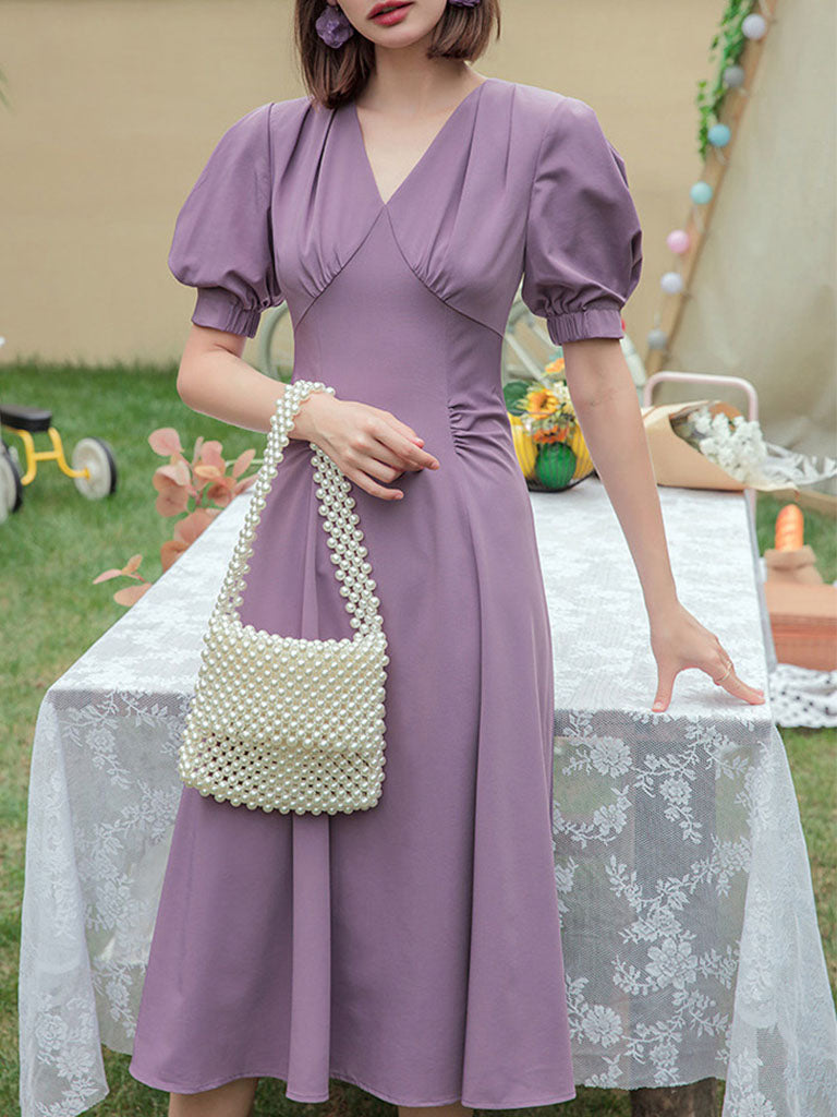 Lavender V Neck Puff Sleeve Swing Vintage Style 1940S Dress