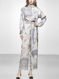 2PS Champagne Satin Floral Printed Shirt And High Waist Wide Leg Pants Suit