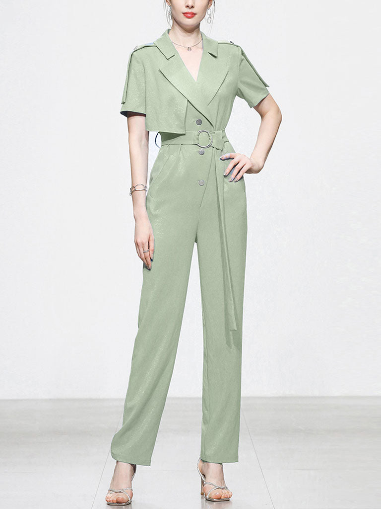 Lapel Collar Short Sleeve Asymmetric Design Belted Waist Jumpsuit