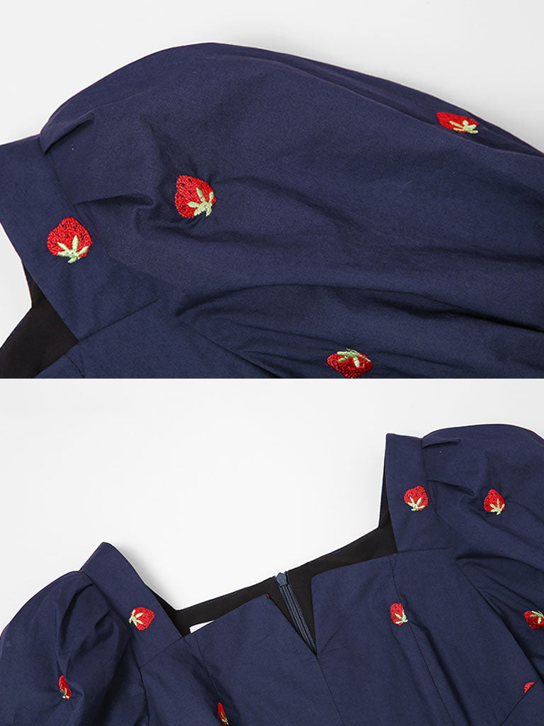 Navy Embroidered Vintage Square Neck Puff Sleeve Mini Dress