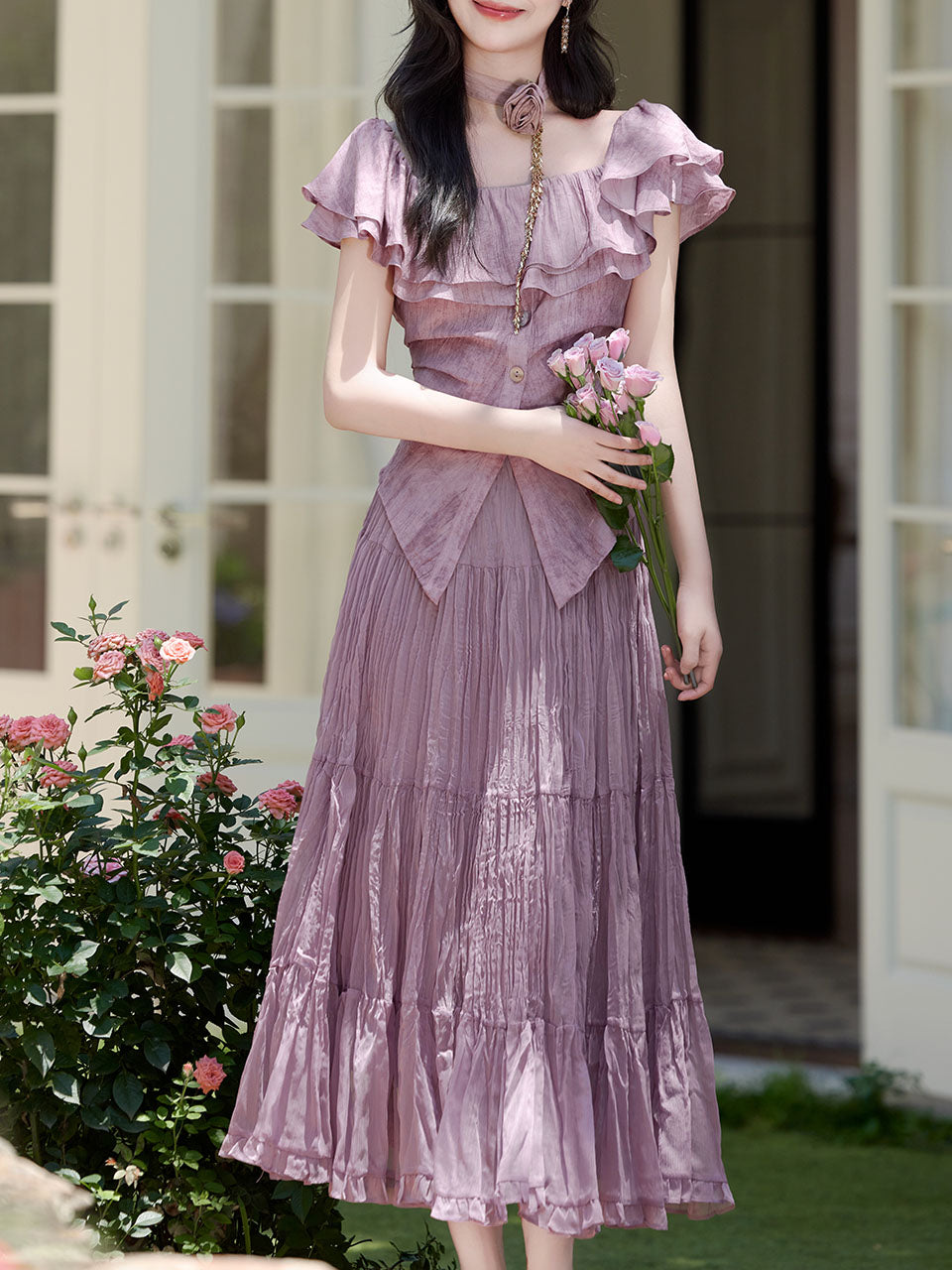Lilac Off-The-Shoulder Ruffle Maxi Dress Set