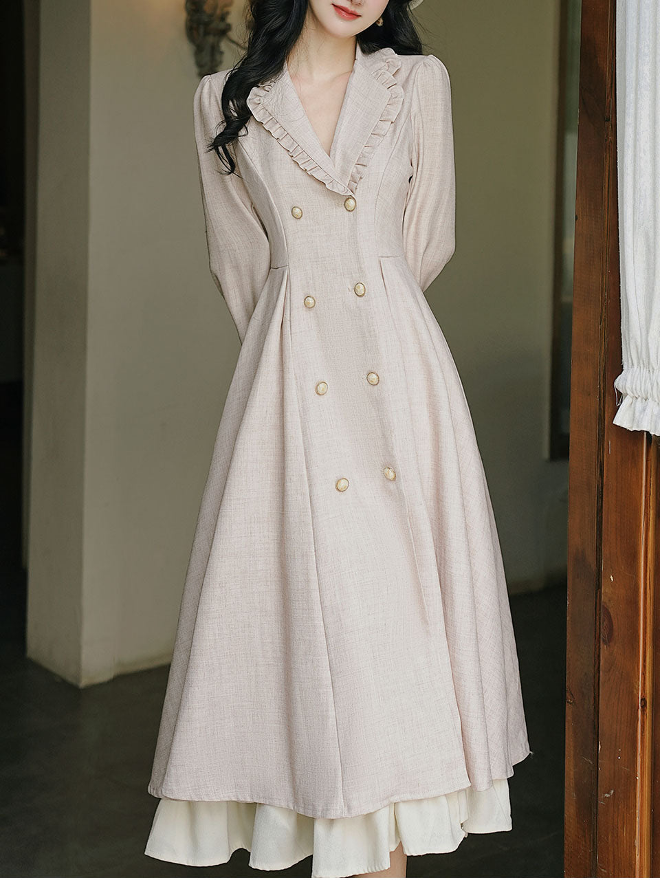 Grey Classic Vintage Lapel Double Layered Hem Swing Dress