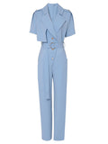 Lapel Collar Short Sleeve Asymmetric Design Belted Waist Jumpsuit