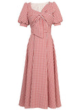 Plaid Short Sleeve Bow Cross Waist 1950S Vintage Dress