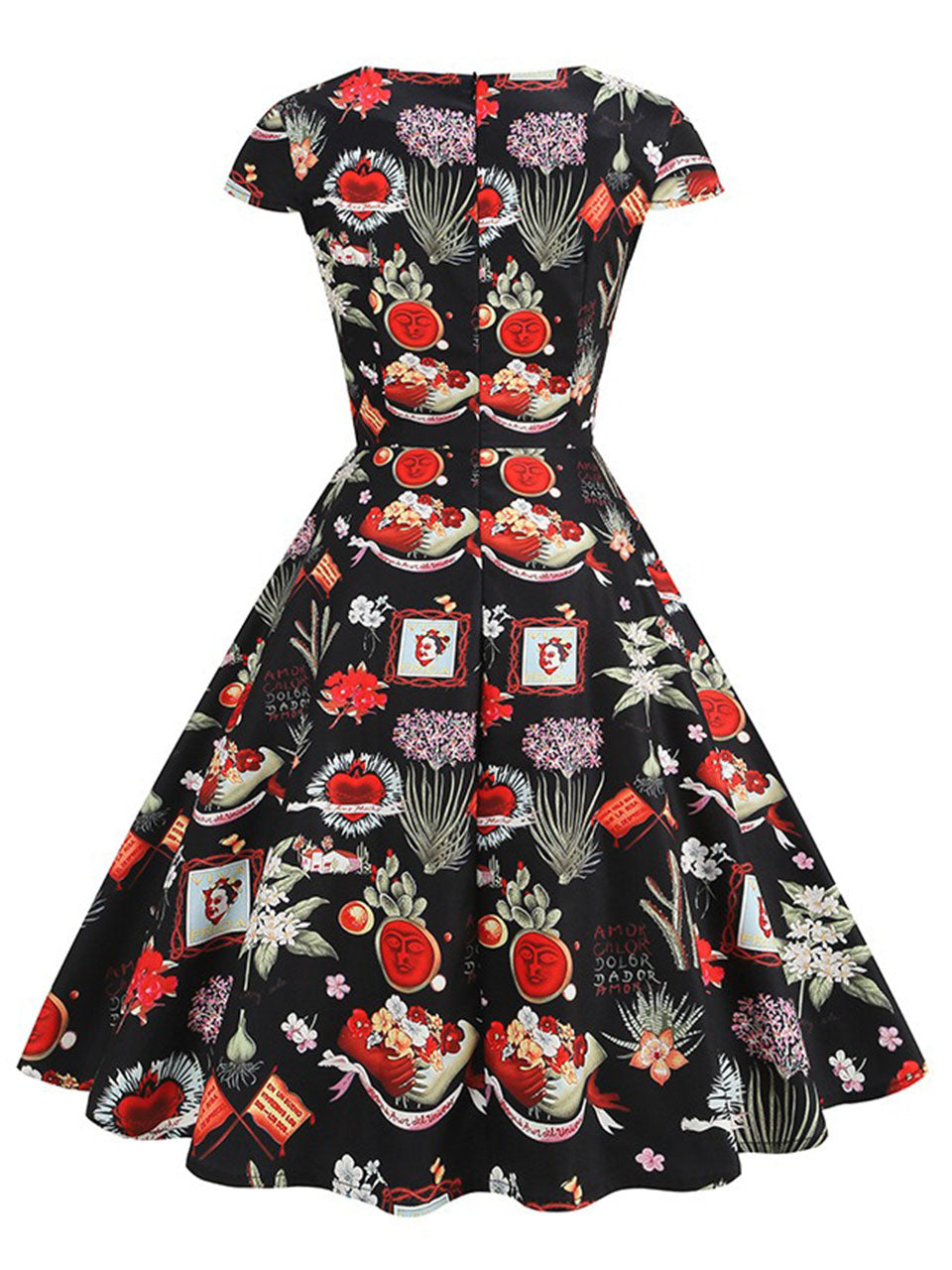 Vintage Sacred Heart Art Print Wrap V-Neck Cap Sleeve 1950s Swing Dress
