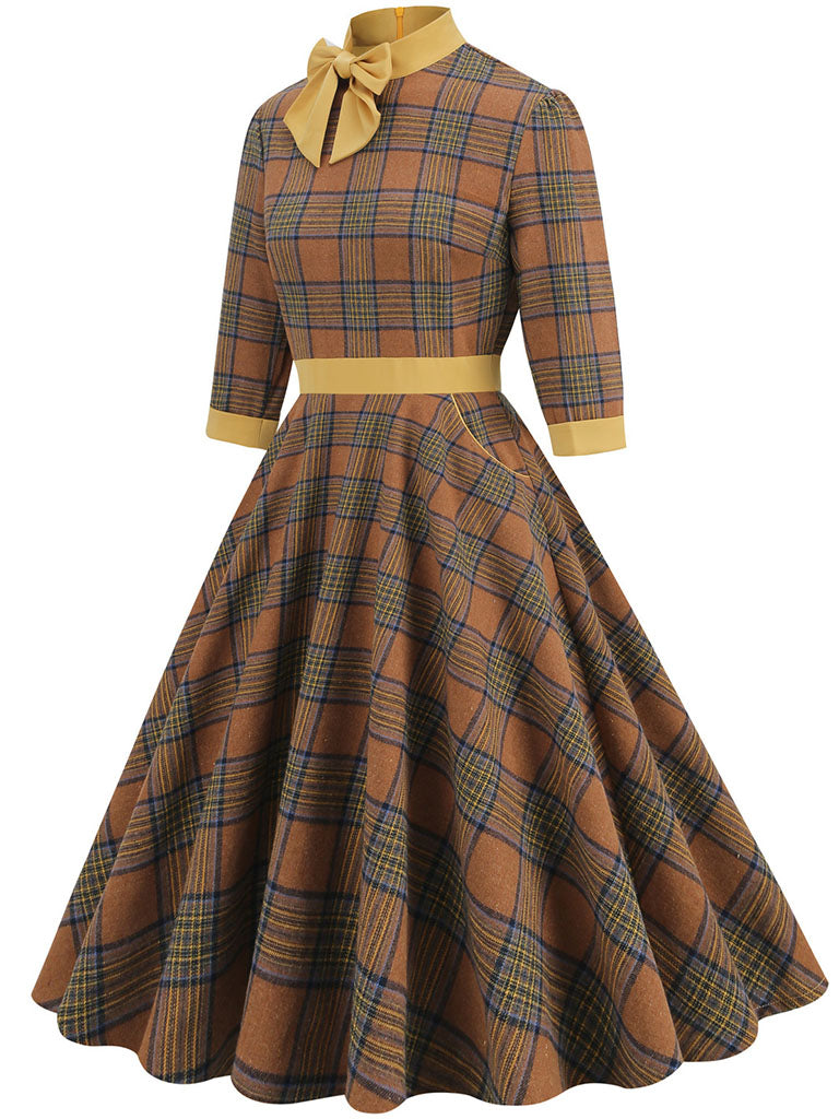 Big BowKnot Plaid 3/4 Sleeve 1950S Vintage Dress