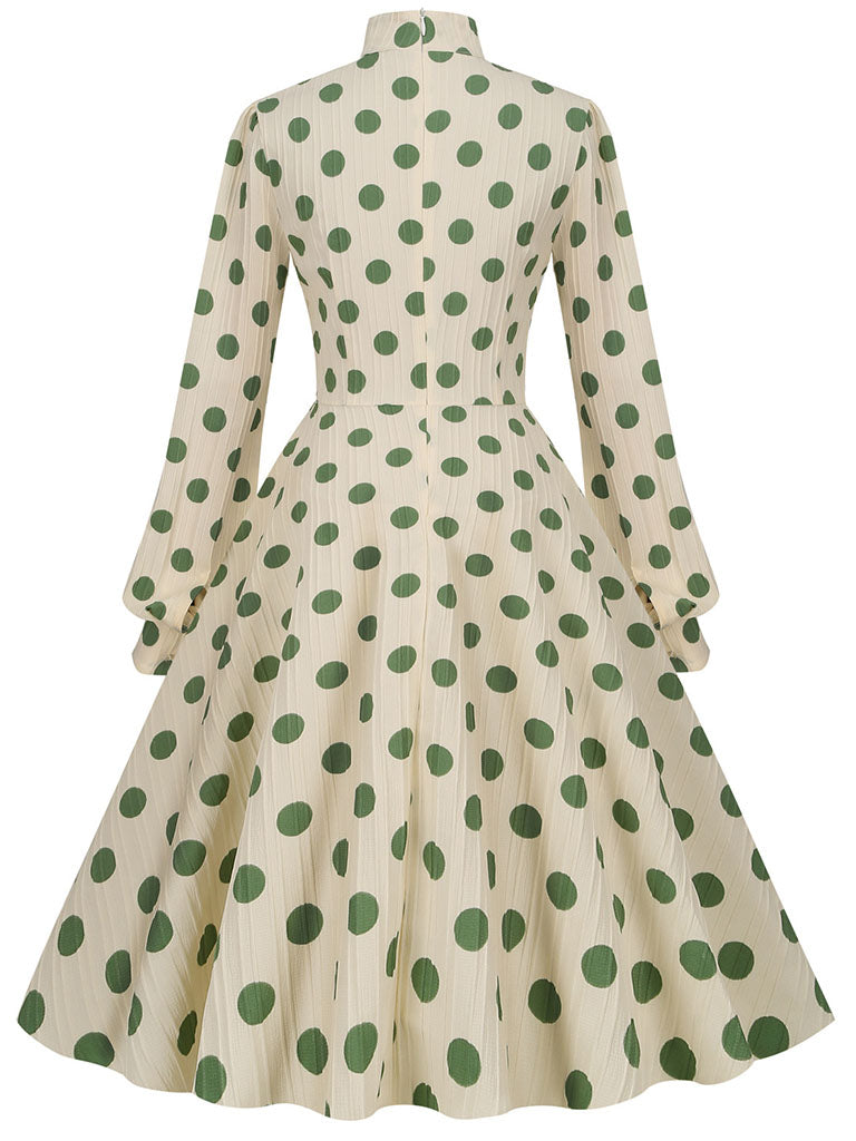 Big BowKnot Polka Dots Puff Long Sleeve Audrey Hepburn Style 1950S Vintage Dress
