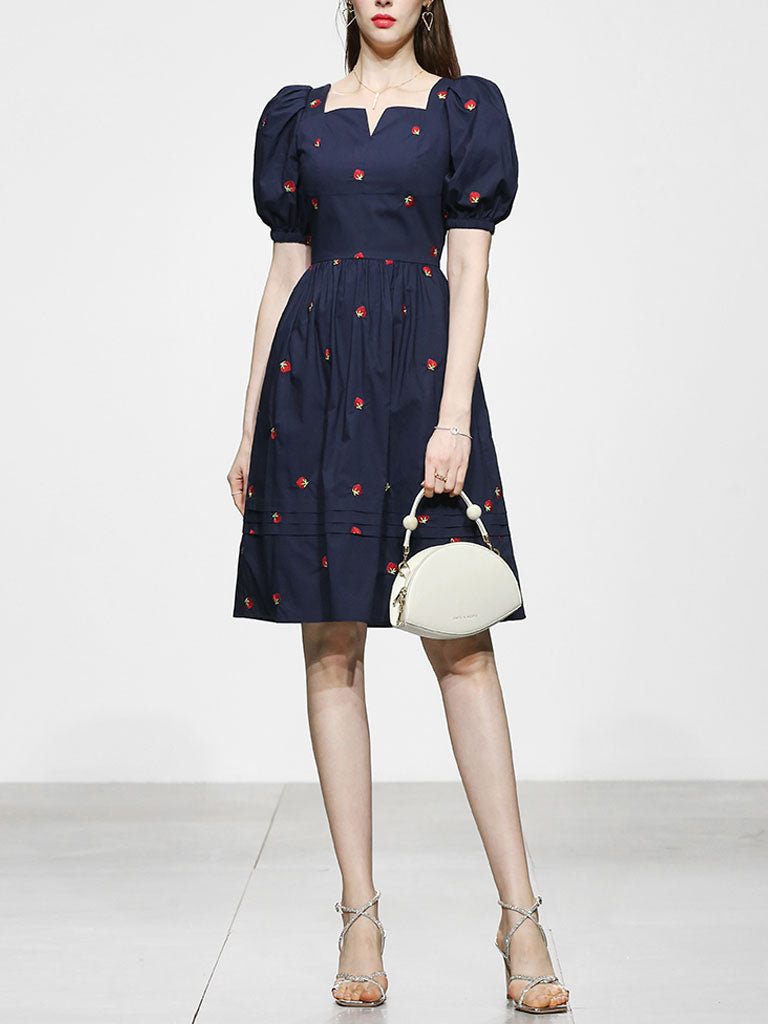 Navy Embroidered Vintage Square Neck Puff Sleeve Mini Dress