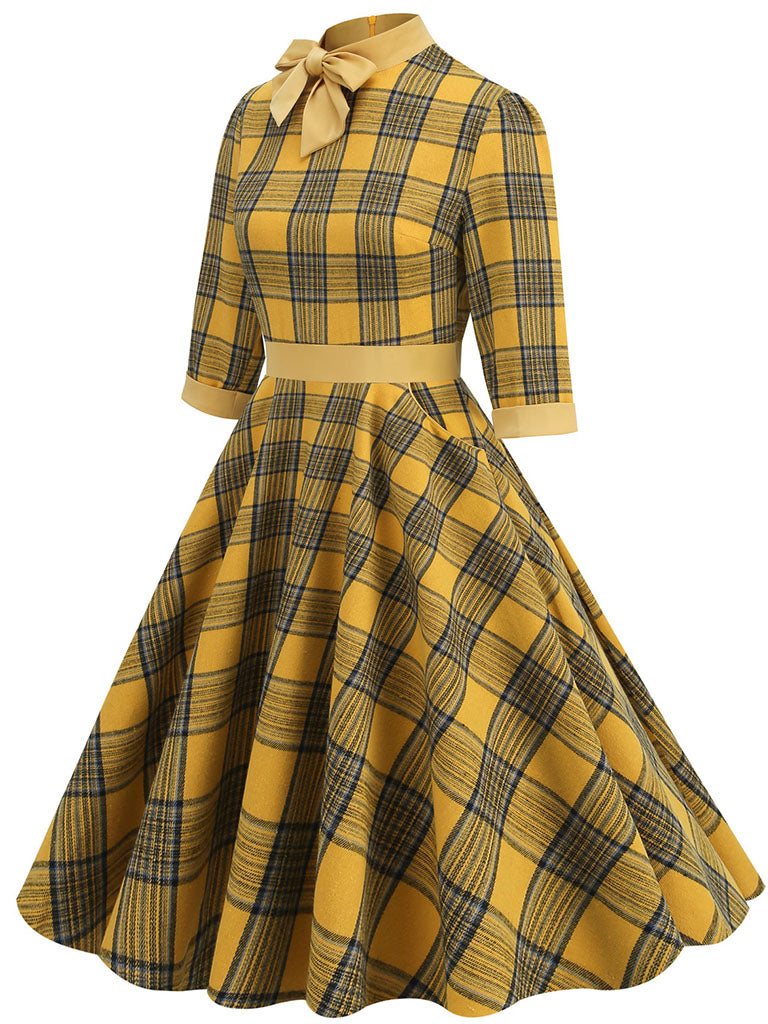 Big BowKnot Plaid 3/4 Sleeve 1950S Vintage Dress