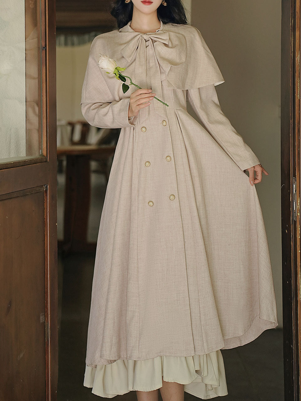 Grey Classic Vintage Lapel Double Layered Hem Swing Dress