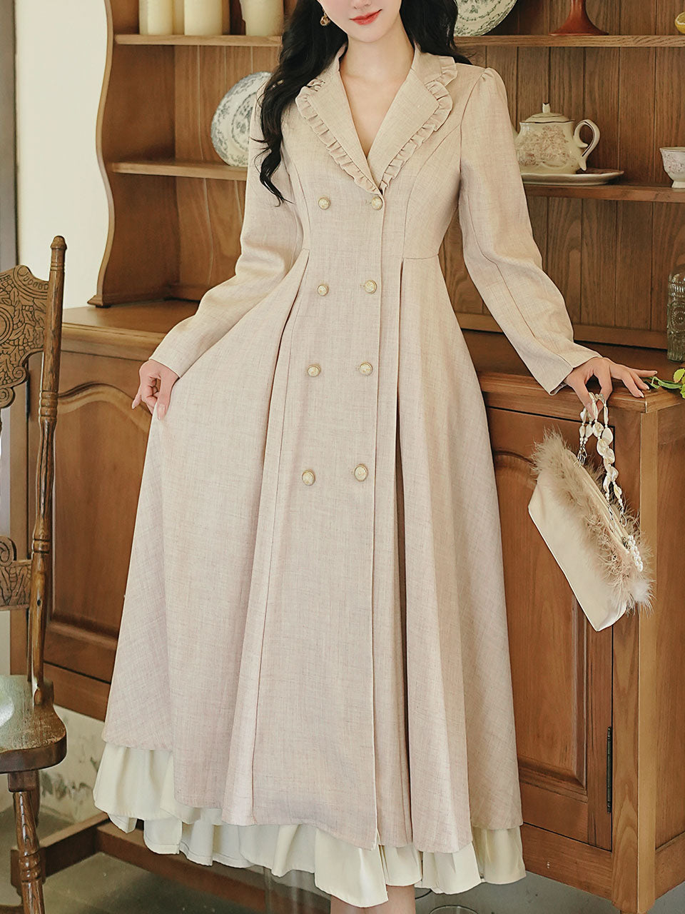 Red Classic Vintage Lapel Double Layered Hem Swing Dress
