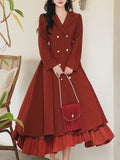 Red Classic Vintage Lapel Double Layered Hem Swing Dress