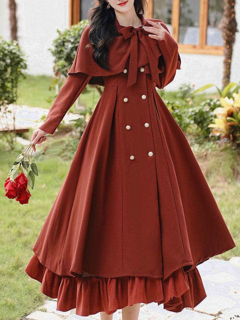Red Classic Vintage Lapel Double Layered Hem Swing Dress