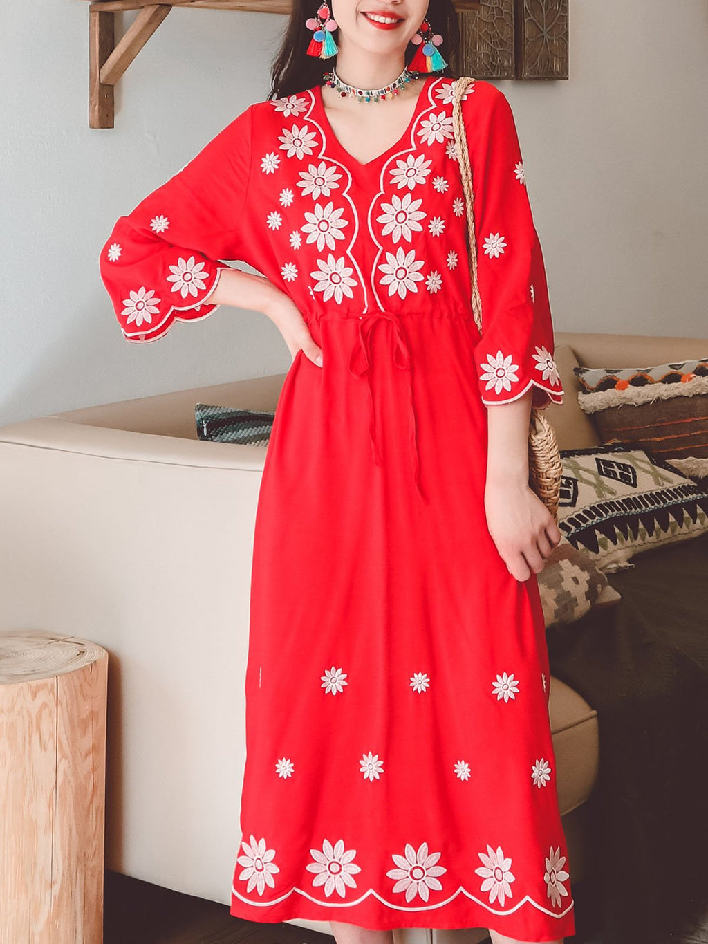 Jolly Vintage Embroidered Floral 3/4 Sleeves V Neck Boho Dress