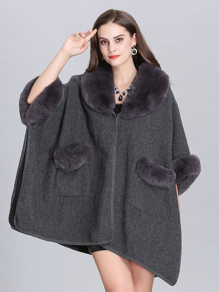 Poncho Knitwear Faux Fur Coat Shawl Collar Sweaters