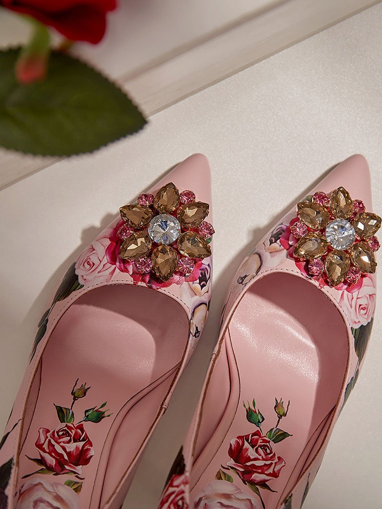 Rose Print Rhinestone Stiletto Heel Vintage Shoes