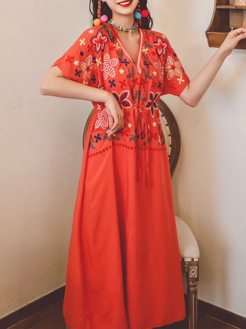 Jolly Vintage Bohemian V Neck Embroidered Floral Short Sleeve Boho Dress