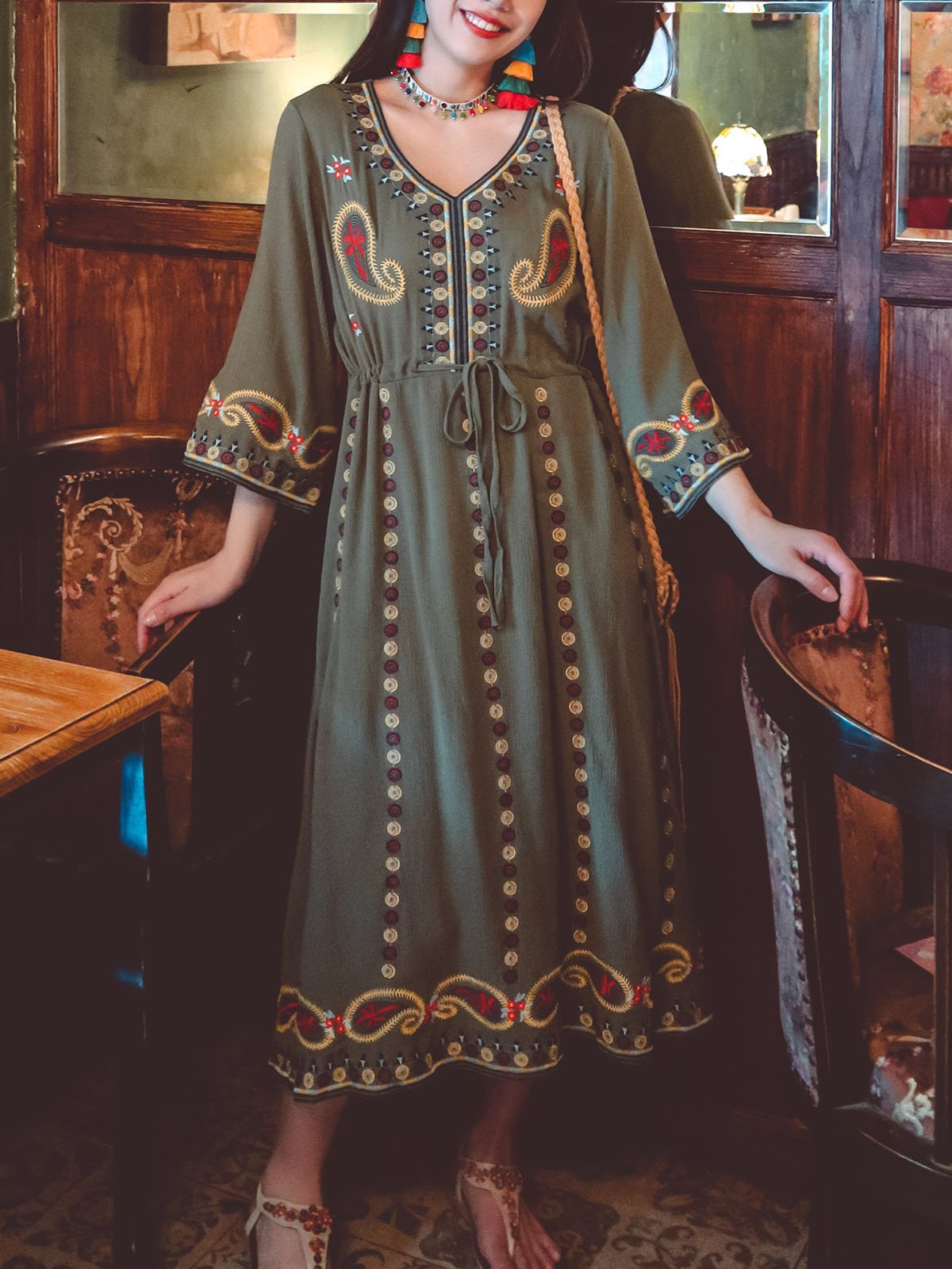 Bohemian Floral Embroidered V Neck 3/4 Flared Sleeves Boho Dress