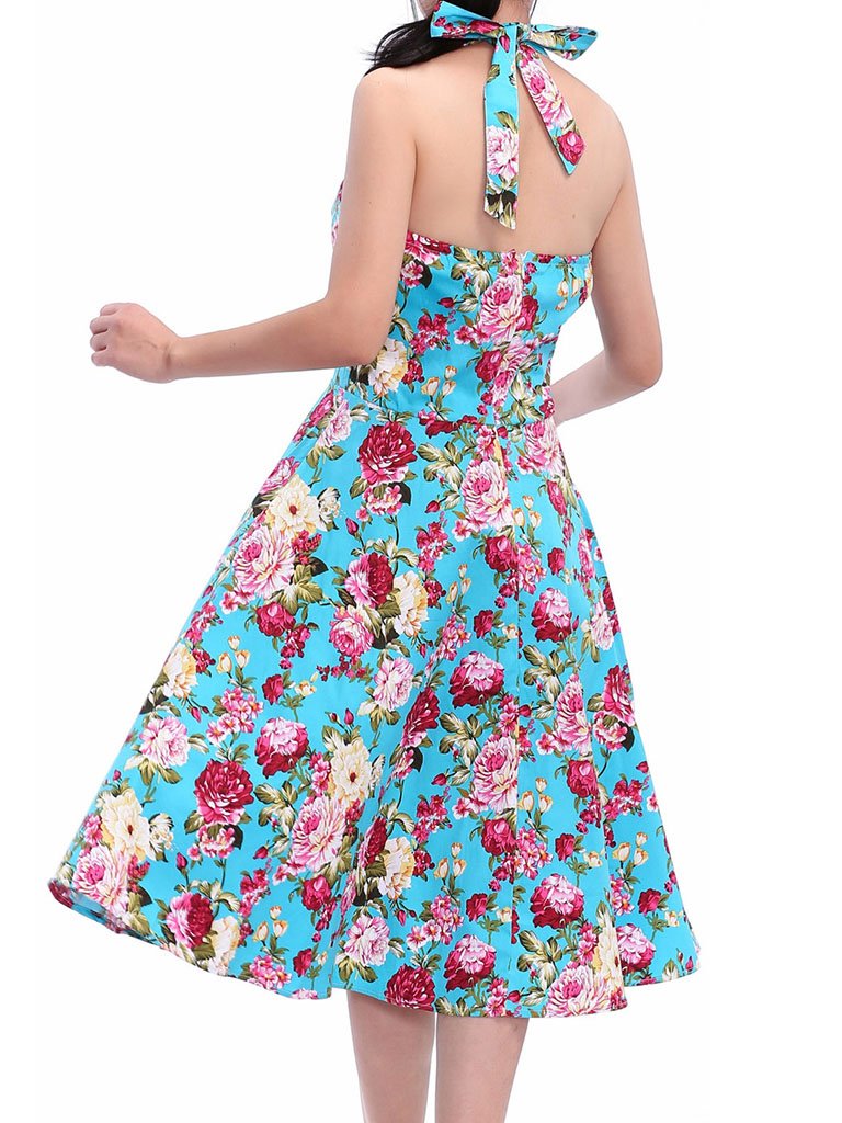 Sweet Floral Halter Cotton 50s Swing Dress